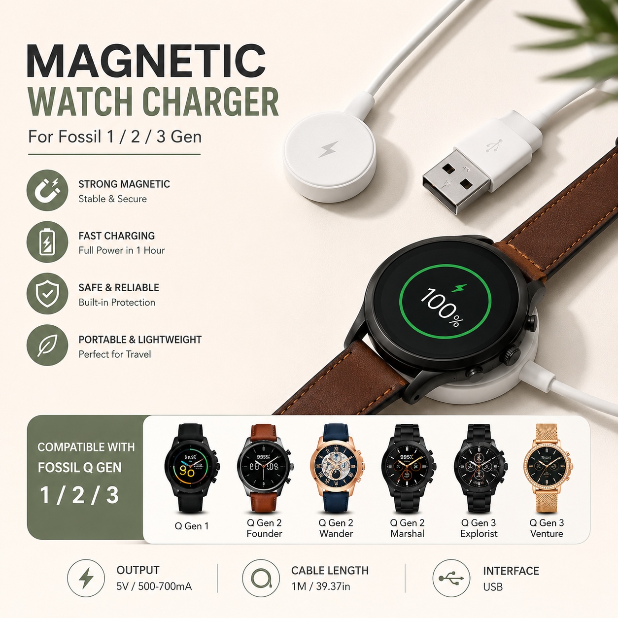 Fossil Watches Smartwatch Charger - Adaptador de Carregador USB para Relógio,