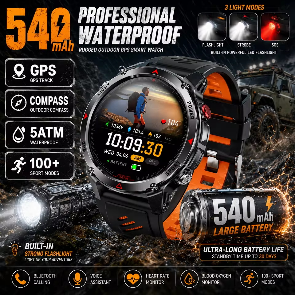 Altimeter Compass Watch - Relógio Inteligente Militar 540mAh com GPS,